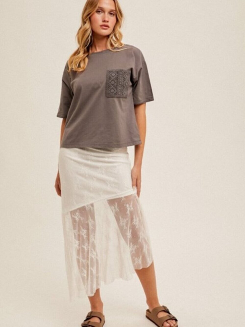 HEM & THREAD Crochet Long Crop Top Short Sleeve Charcoal Gray Size L NWT